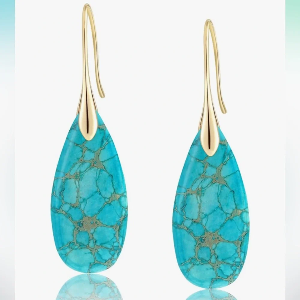 🆕 Natural Healing Stone Fishhoop Dangle Drop Earrings Statement - Picture 2 of 7